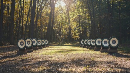 Poster - A peaceful outdoor archery range with targets lined up against a forest backdrop, soft afternoon sunlight filtering through trees, Minimalist style