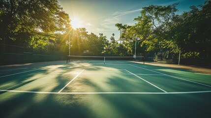 Poster - A peaceful outdoor badminton court with freshly painted lines and nets set up, surrounded by lush greenery and a bright sky, early morning light adding a serene touch