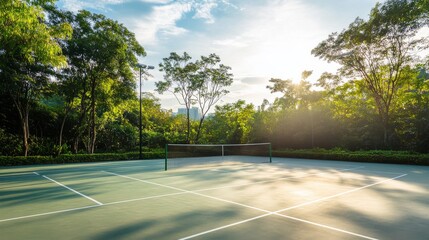Aufkleber - A peaceful outdoor badminton court with freshly painted lines and nets set up, surrounded by lush greenery and a bright sky, early morning light adding a serene touch