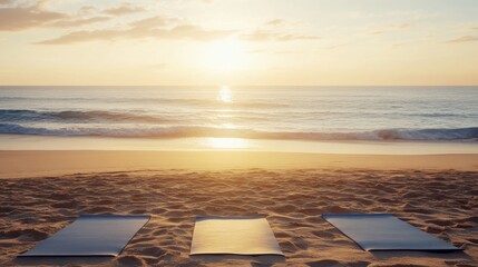 Aufkleber - A peaceful outdoor beach yoga session at sunrise, with yoga mats laid out on soft sand and calm ocean waves in the background, Serene style