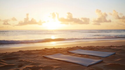 Aufkleber - A peaceful outdoor beach yoga session at sunrise, with yoga mats laid out on soft sand and calm ocean waves in the background, Serene style