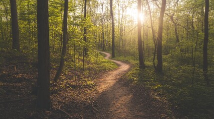 Poster - A picturesque outdoor hiking trail with winding paths, dense forest, and sunlight filtering through the trees