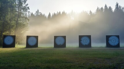 Poster - A pristine outdoor archery range with targets set up against a forest backdrop, early morning mist adding a serene touch, Minimalist style