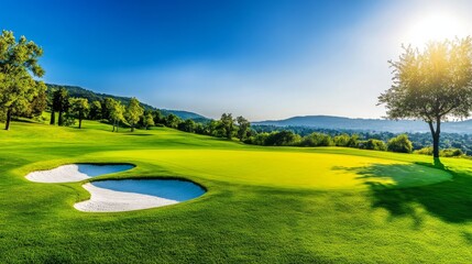 Poster - A pristine outdoor golf course with rolling green hills, sand traps, and water hazards