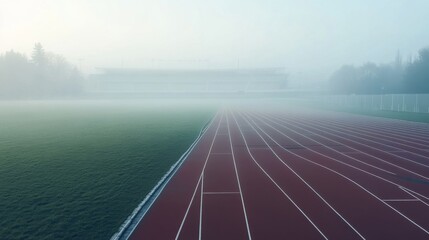 Poster - A pristine outdoor running track with marked lanes and a stadium in the distance, early morning mist creating a serene atmosphere, Minimalist style