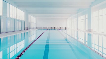 Poster - A pristine swimming pool with clear blue water and lanes marked, bright and airy indoor setting, Minimalist style
