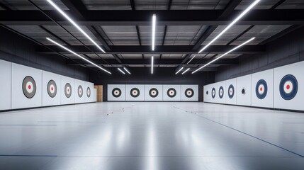 Poster - A quiet indoor archery range with targets set up and equipment neatly arranged, bright overhead lighting illuminating the space, Minimalist style