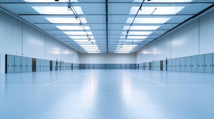 Poster - A quiet indoor fencing hall with pistes and scoring equipment, brightly lit with clean, metallic surfaces