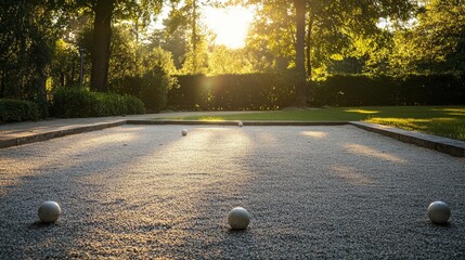 Poster - A quiet outdoor bocce court with a well-maintained gravel surface and neatly aligned balls, surrounded by a garden setting, early morning light adding a peaceful touch