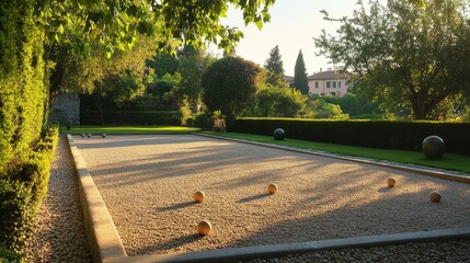 Poster - A quiet outdoor bocce court with a well-maintained gravel surface and neatly aligned balls, surrounded by a garden setting, early morning light adding a peaceful touch