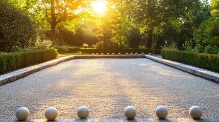 Aufkleber - A quiet outdoor bocce court with a well-maintained gravel surface and neatly aligned balls, surrounded by a garden setting, early morning light adding a peaceful touch