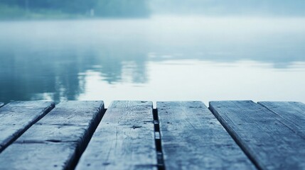 Poster - A rowing dock's edge with water lapping against the wood, outdoor setting on a misty lake, Calm style
