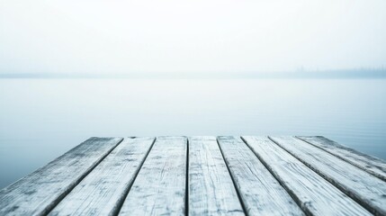 Poster - A rowing dock's edge with water lapping against the wood, outdoor setting on a misty lake, Calm style
