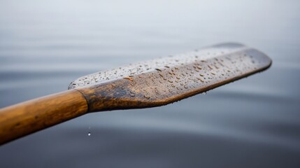 Poster - A rowing oar's handle with worn grip and water droplets, outdoor setting at dawn on a calm lake, Serene style