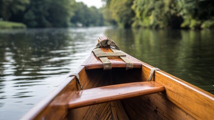 Poster - A rowing shell's foot stretcher with visible wear and straps, outdoor setting on a tranquil river, Functional style