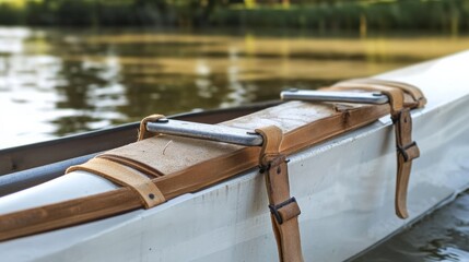 Poster - A rowing shell's foot stretcher with visible wear and straps, outdoor setting on a tranquil river, Functional style