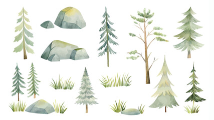 Wall Mural - Watercolor hand drawn forest elements set. Pines, fir trees, rocks, grass, stones. Vector illustration.