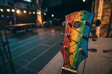 Wall Mural - Captivating Low Light Photography of an Old Colorful Guitar Head Showcasing Vibrant Hues and Intricate Details for Music Enthusiasts and Artistic Collectors