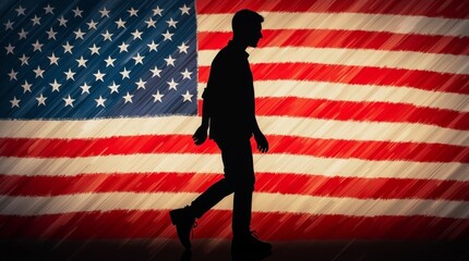 Wall Mural - Silhouette of a man walking in front of an American flag background. Concept of patriotism, national pride, and freedom