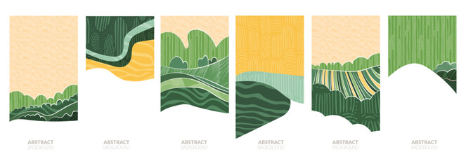 Wall Mural - Modern eco design featuring green fields, rice, wheat, tea, corn, soybean, paddy. Abstract illustration with vintage texture, hill, mountain, landscape in watercolor. Sustainable, organic, aesthetic