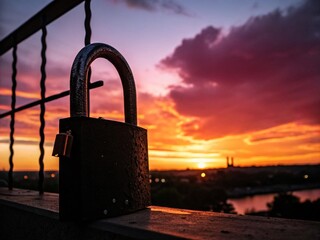 Sticker - Captivating Silhouette of a Padlock Against a Sunset Sky, Symbolizing Security and Protection in an Artistic Perspective