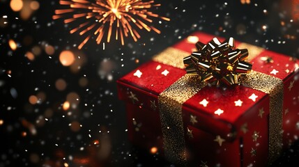 Wall Mural - festive new year celebration background featuring a stylish gift box on a black surface with vibrant