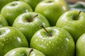 Wall Mural - Close-Up of Fresh Green Apples Arranged in a Pattern for a Vibrant and Textured Macro Photography Shot Capturing the Natural Beauty and Details of the Fruit