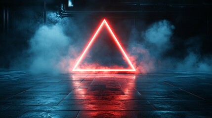 Wall Mural - Single neon triangle platform with bright edges and misty beams creating a high-tech teleportation vibe in a dark setting with side empty space for text Stockphoto style