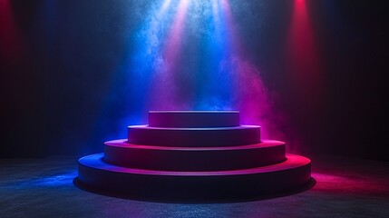 Fototapete - Stacked neon circle and square shapes glowing with blue and purple beams rising from a dark foggy background creating a sci-fi display with side empty space for text Stockphoto style