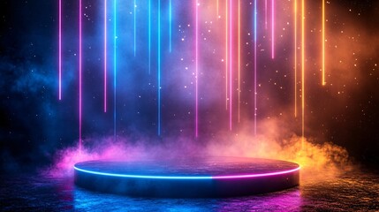 Fototapete - Pentagon-shaped neon platform with vertical pink and blue beams radiating upward in a smoky environment for a futuristic presentation effect with side empty space for text Stockphoto style