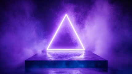 Wall Mural - Floating triangular neon platform with intense beams against a dark mist-filled backdrop evoking a high-tech and futuristic atmosphere with side empty space for text Stockphoto style