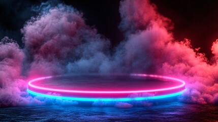 Sticker - Pentagon-shaped neon platform with vertical pink and blue beams radiating upward in a smoky environment for a futuristic presentation effect with side empty space for text Stockphoto style