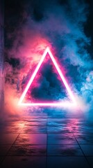 Fototapete - Single neon triangle platform emitting bright blue and pink light with a smoky backdrop resembling a sci-fi teleportation station with side empty space for text Stockphoto style