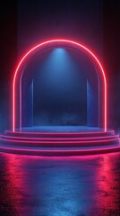 Fototapete - Circular neon-lit stage with sharp light beams creating a teleportation device effect against a dark foggy setting with side empty space for text Stockphoto style
