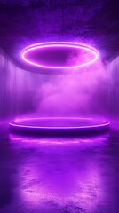 Fototapete - Circular neon-lit stage with sharp light beams creating a teleportation device effect against a dark foggy setting with side empty space for text Stockphoto style