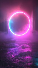 Fototapete - Circular neon-lit stage with sharp light beams creating a teleportation device effect against a dark foggy setting with side empty space for text Stockphoto style