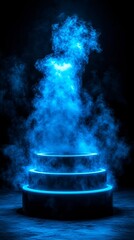 Fototapete - Stacked platforms with neon blue highlights and vertical beams in a smoky black background evoking futuristic high-tech display with side empty space for text Stockphoto style