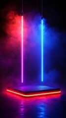 Fototapete - High-tech platform with neon edges and rising light beams in dark foggy setting creating a sleek sci-fi teleportation effect with side empty space for text Stockphoto style