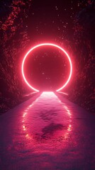 Fototapete - Elliptical neon-lit stage with vibrant beams in a dark mist-filled environment resembling a futuristic portal with side empty space for text Stockphoto style