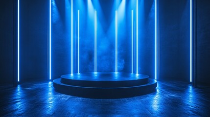 Fototapete - Neon-lit geometric platform with a sleek black stage surrounded by vertical beams of light creating a futuristic and high-tech ambiance with side empty space for text Stockphoto style