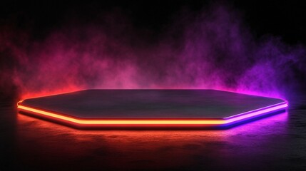 Fototapete - Gleaming hexagonal platform with vibrant neon edges against a misty black backdrop for a sci-fi display scene with side empty space for text Stockphoto style