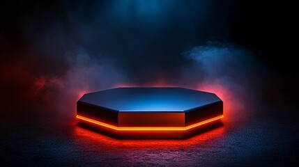 Fototapete - Gleaming hexagonal platform with vibrant neon edges against a misty black backdrop for a sci-fi display scene with side empty space for text Stockphoto style