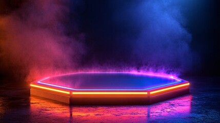 Fototapete - Gleaming hexagonal platform with vibrant neon edges against a misty black backdrop for a sci-fi display scene with side empty space for text Stockphoto style