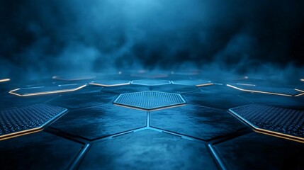Fototapete - Gleaming hexagonal platform with vibrant neon edges against a misty black backdrop for a sci-fi display scene with side empty space for text Stockphoto style