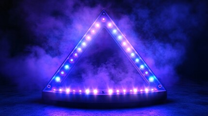 Sticker - Futuristic triangular platform emitting radiant neon lights with a dark foggy backdrop adding a sci-fi teleportation vibe with side empty space for text Stockphoto style