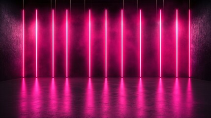 Fototapete - Geometric display stage with pulsating neon lights and glowing vertical beams against a pitch-black background conveying a high-tech sci-fi aura with side empty space for text Stockphoto style