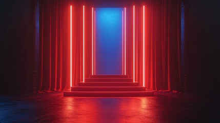 Fototapete - Geometric display stage with pulsating neon lights and glowing vertical beams against a pitch-black background conveying a high-tech sci-fi aura with side empty space for text Stockphoto style