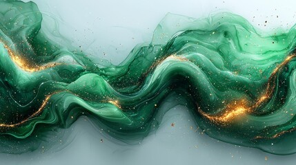 Wall Mural - abstract green and gold flowing waves with a shimmering effect.