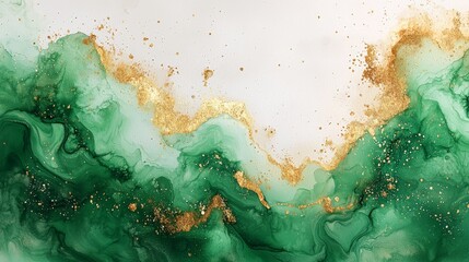 Wall Mural - abstract green and gold fluid art with organic shapes and textures.