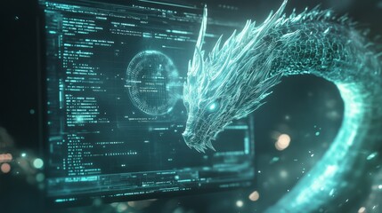 Wall Mural - a computer screen displaying dragon code with a digital dragon, symbolizing python programming for d